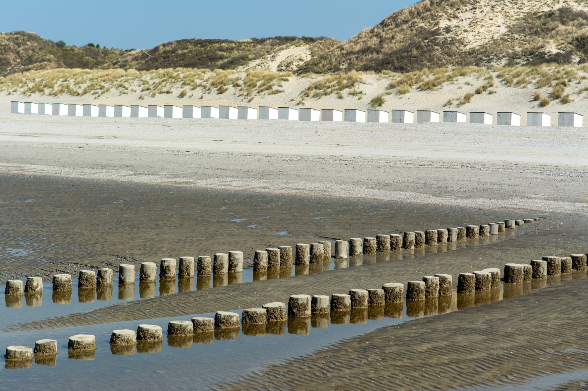 Serene coastal landscape featuring a sandy beach and wooden breakwater structures.