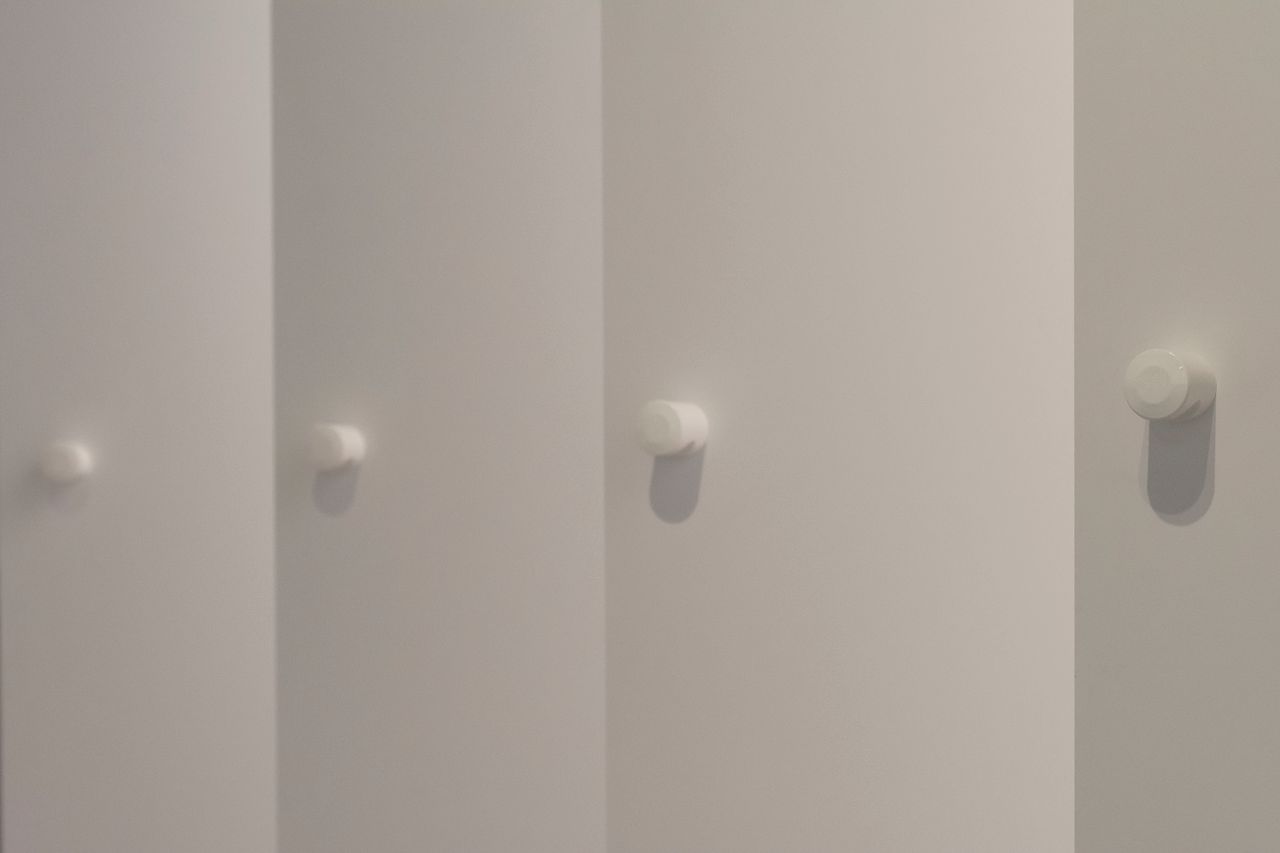 Close-up of white closet doors with small round knobs