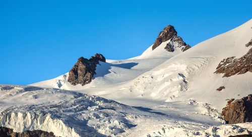 Free Breathtaking view of snow-covered mountains under a clear blue sky, perfect for adventure and travel themes. Stock Photo