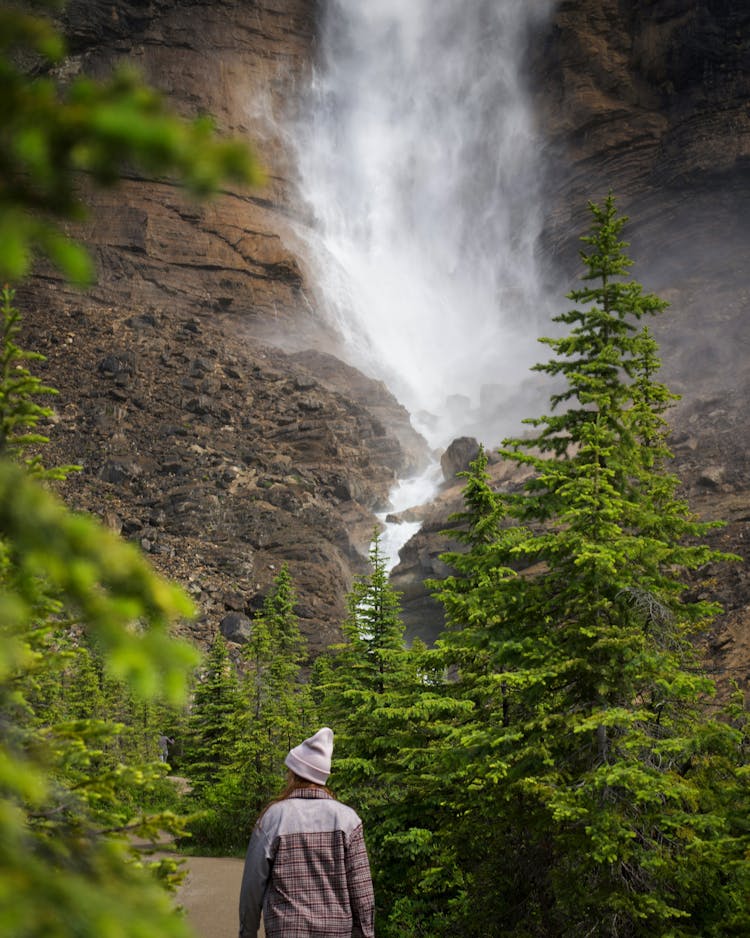 Woman On Footpath Towards Waterfall In Forest