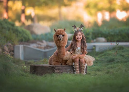 Smiling Girl in Costume with Antlers Sitting with Alpaca