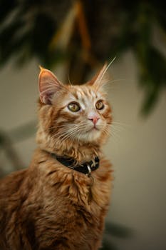 Close-up of a curious ginger cat with green eyes looking up, showcasing fluffy fur and whiskers.