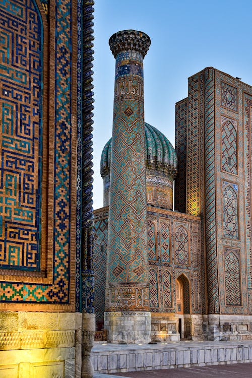 Ornamented Minaret at Registan Square in Samarkand in Uzbekistan