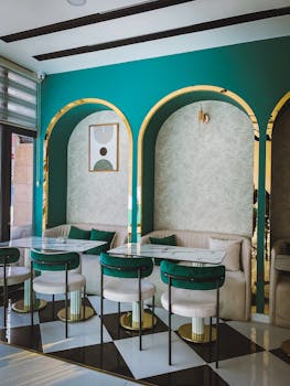 Stylish café interior featuring modern furniture and vibrant color scheme.