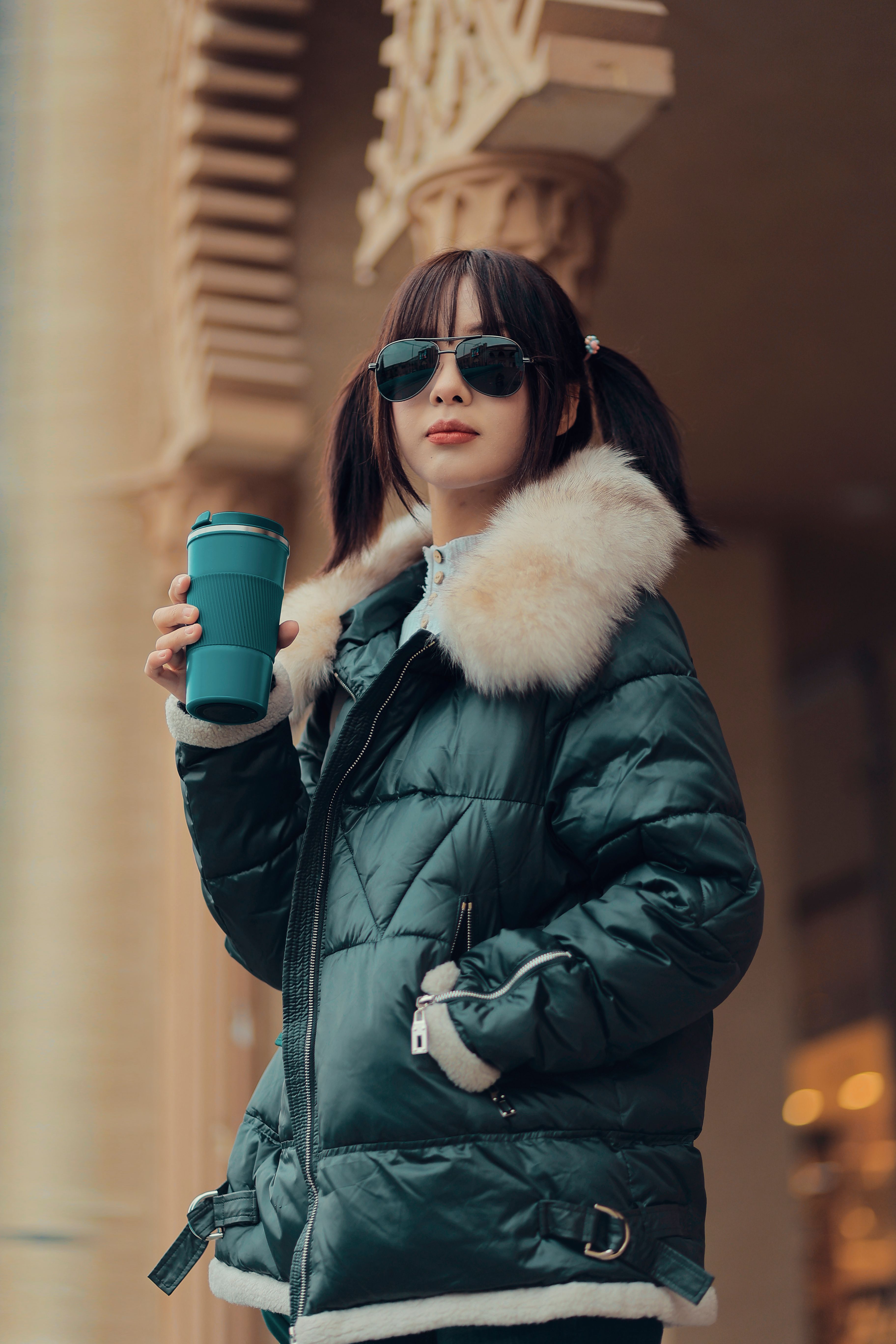 Sweater dress with quilted puffer coat