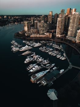 Captivating aerial view of Vancouver skyline with marina and yachts, showcasing urban architecture and coastal beauty.