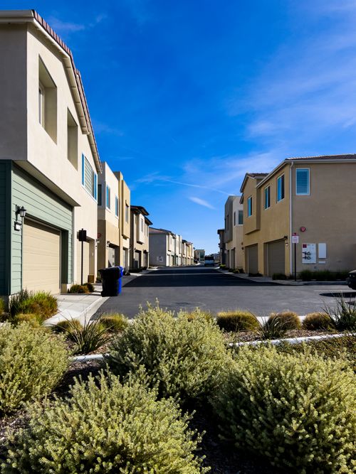 Free A clear day view of a quiet suburban residential street with modern houses and bright blue sky. Stock Photo