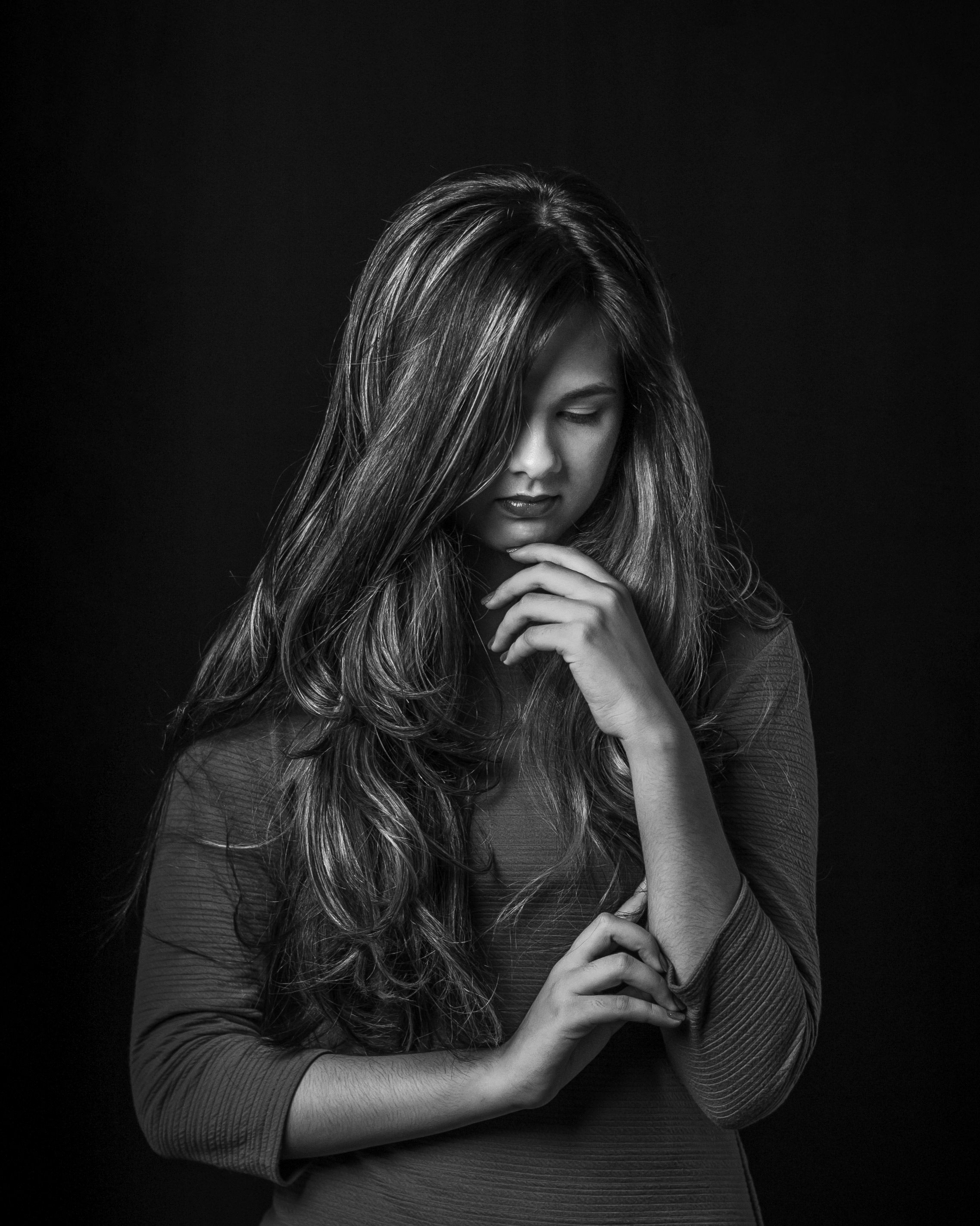 Portrait of Woman with Long Hair in Black and White · Free Stock Photo