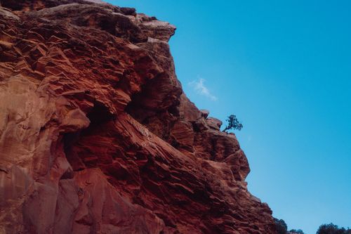 Free Capture of a rugged red rock cliff with a lone tree against a blue sky, showcasing natural beauty. Stock Photo