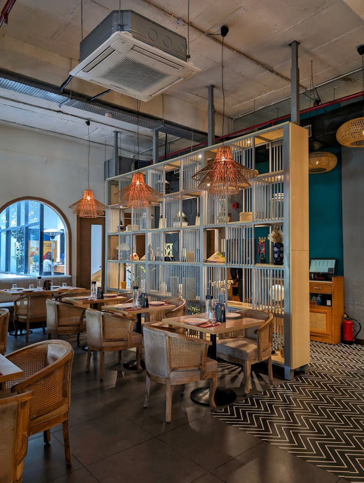 Lamps Over Tables And Chairs In Restaurant