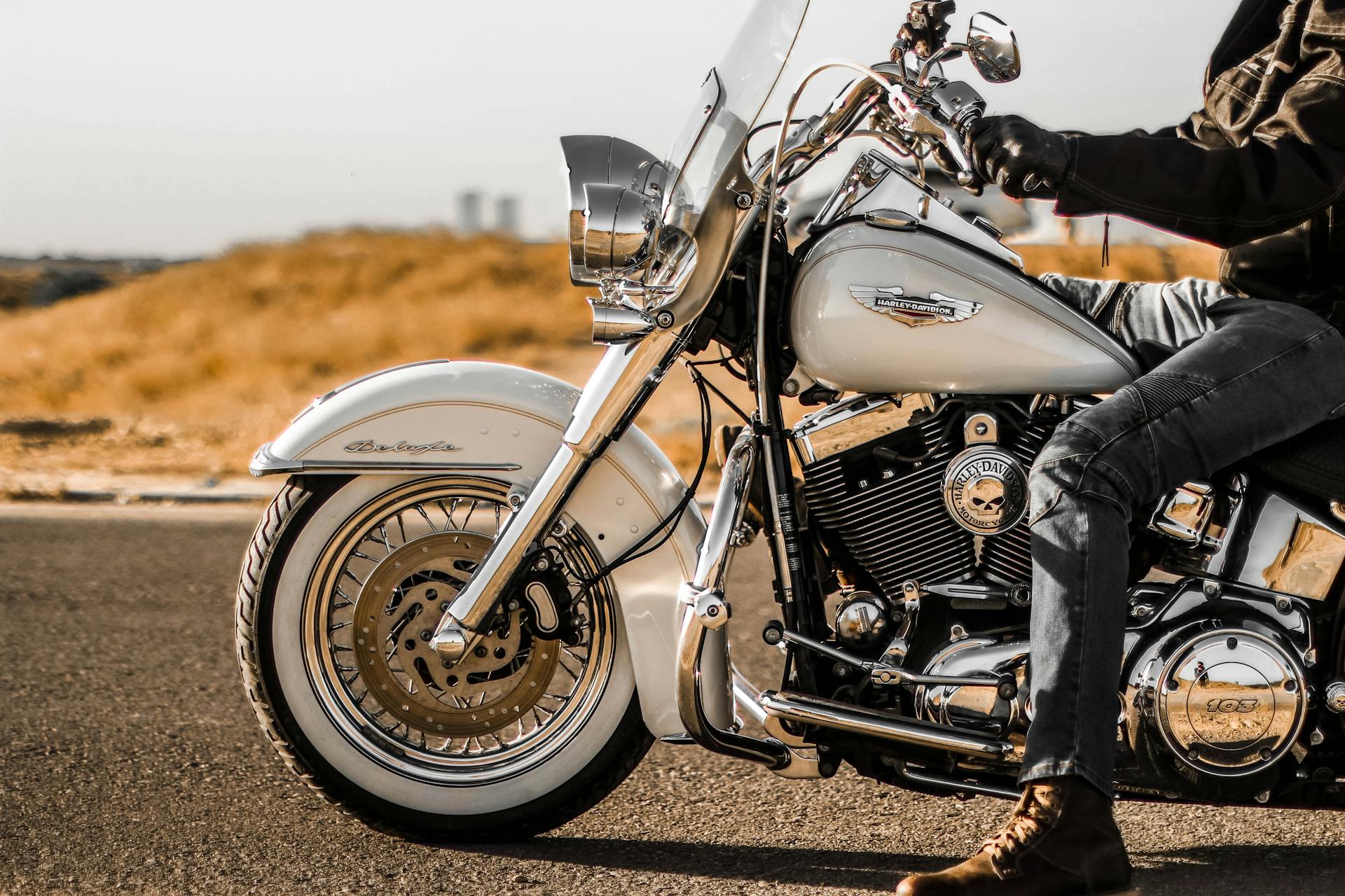 Man Sitting on a Harley Davidson Motorcycle on the Road