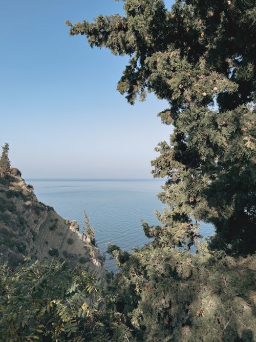 Free Peaceful coastal landscape featuring a calm sea, lush trees, and hillside. Stock Photo