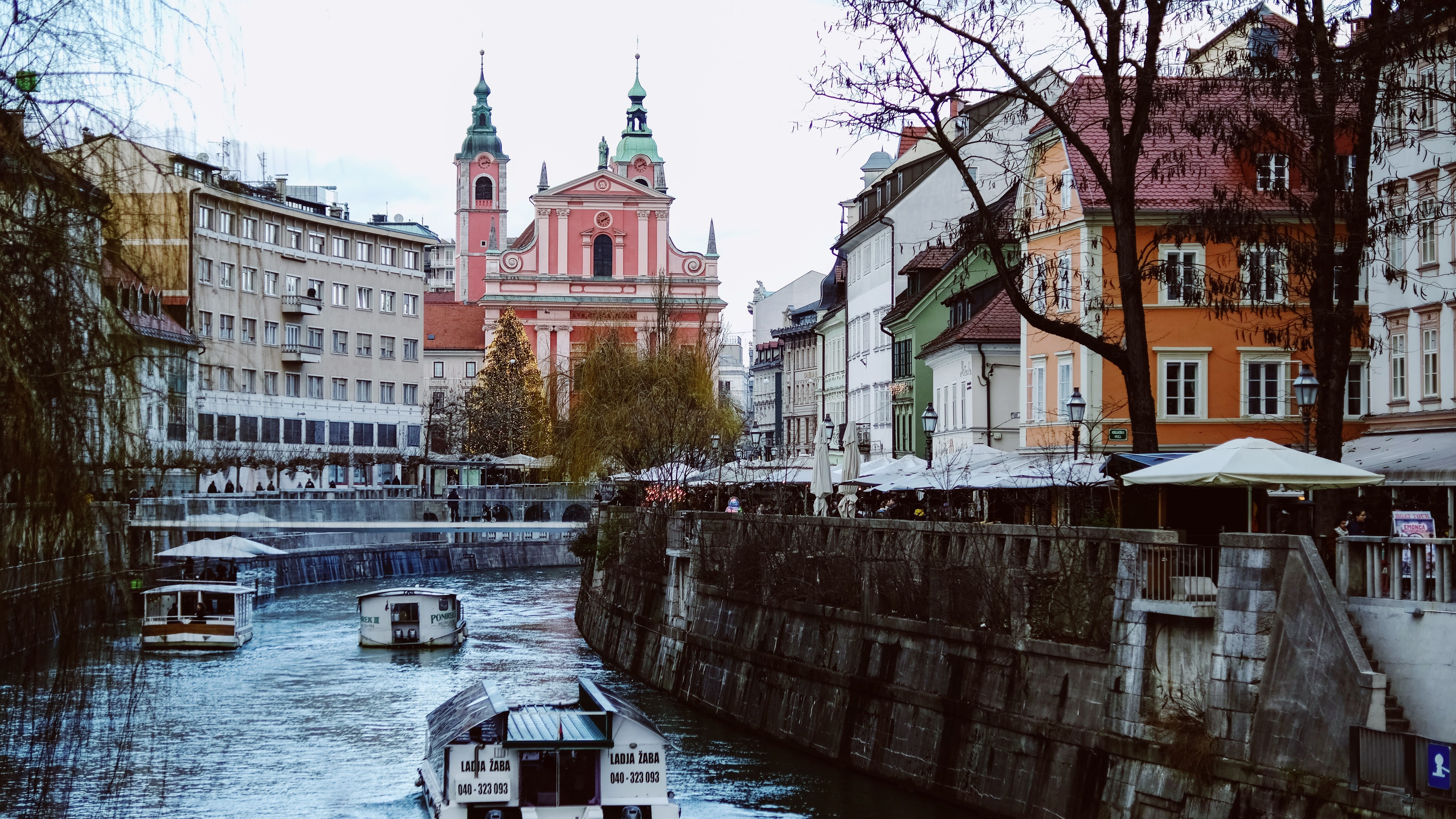 The Ljubljanica river and Ljubljana's old town under bare winter trees