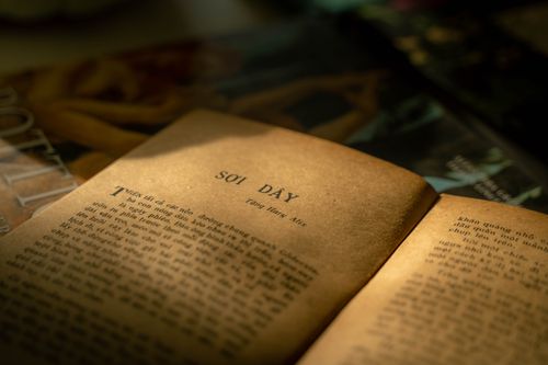 Free Close-up of an old Vietnamese book open on a page, lit by sunlight. Stock Photo