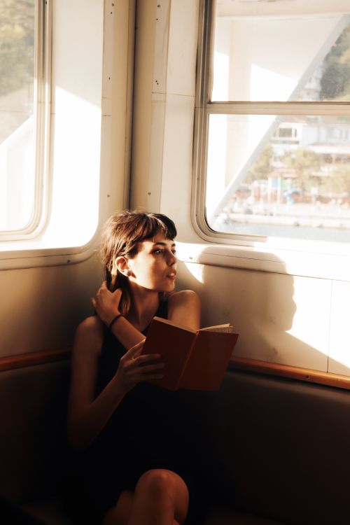 Free A woman sits by a train window, reading a book in the warm sunlight. Stock Photo