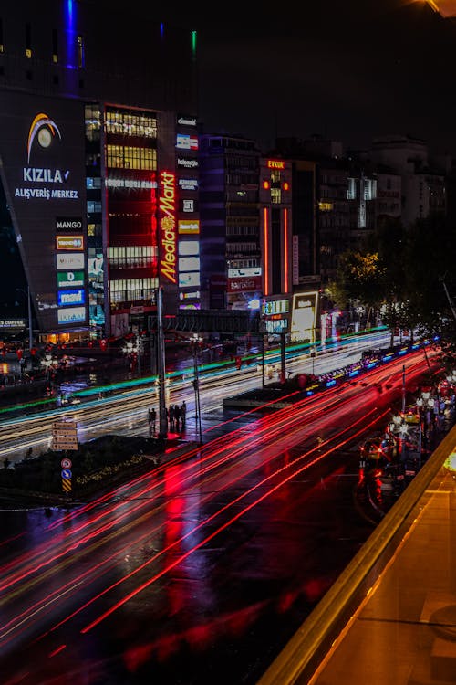 Car Lights in City Downtown at Night