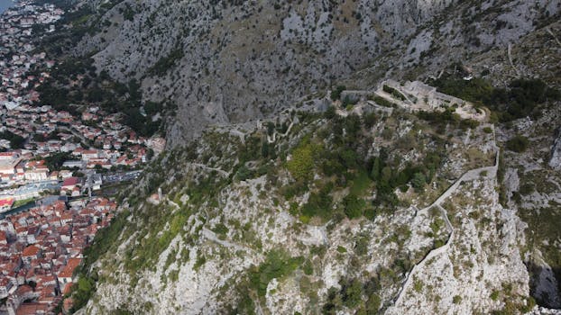 Breathtaking aerial shot of Kotor's ancient fortifications, surrounded by the scenic landscapes of Montenegro.