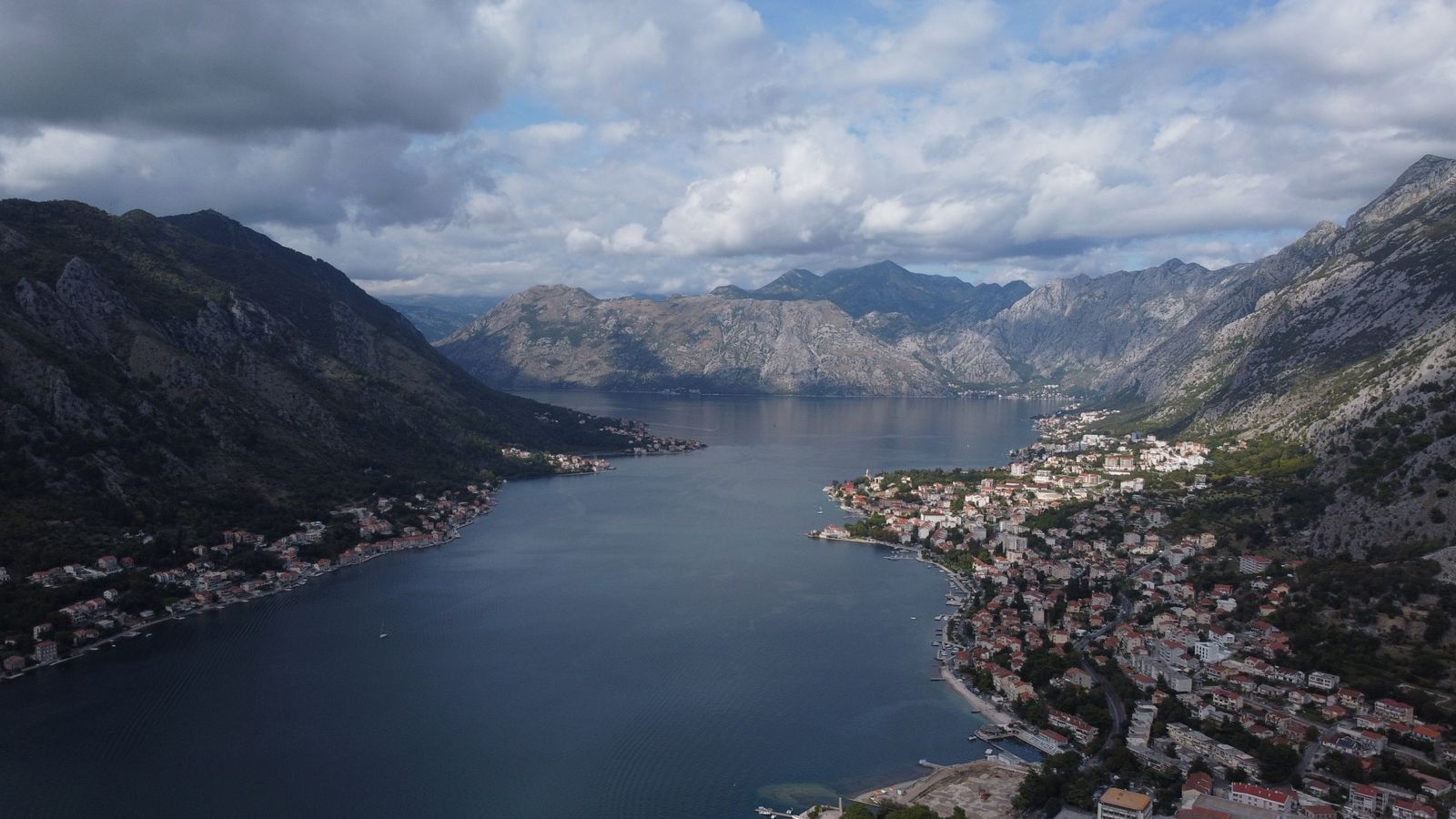 Aerial view of the Bay of Kotor with mountains ringing the water