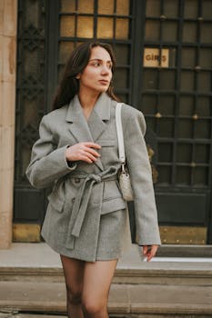 Elegant woman in a stylish gray blazer walking by a classic doorway on urban street, exuding confidence.