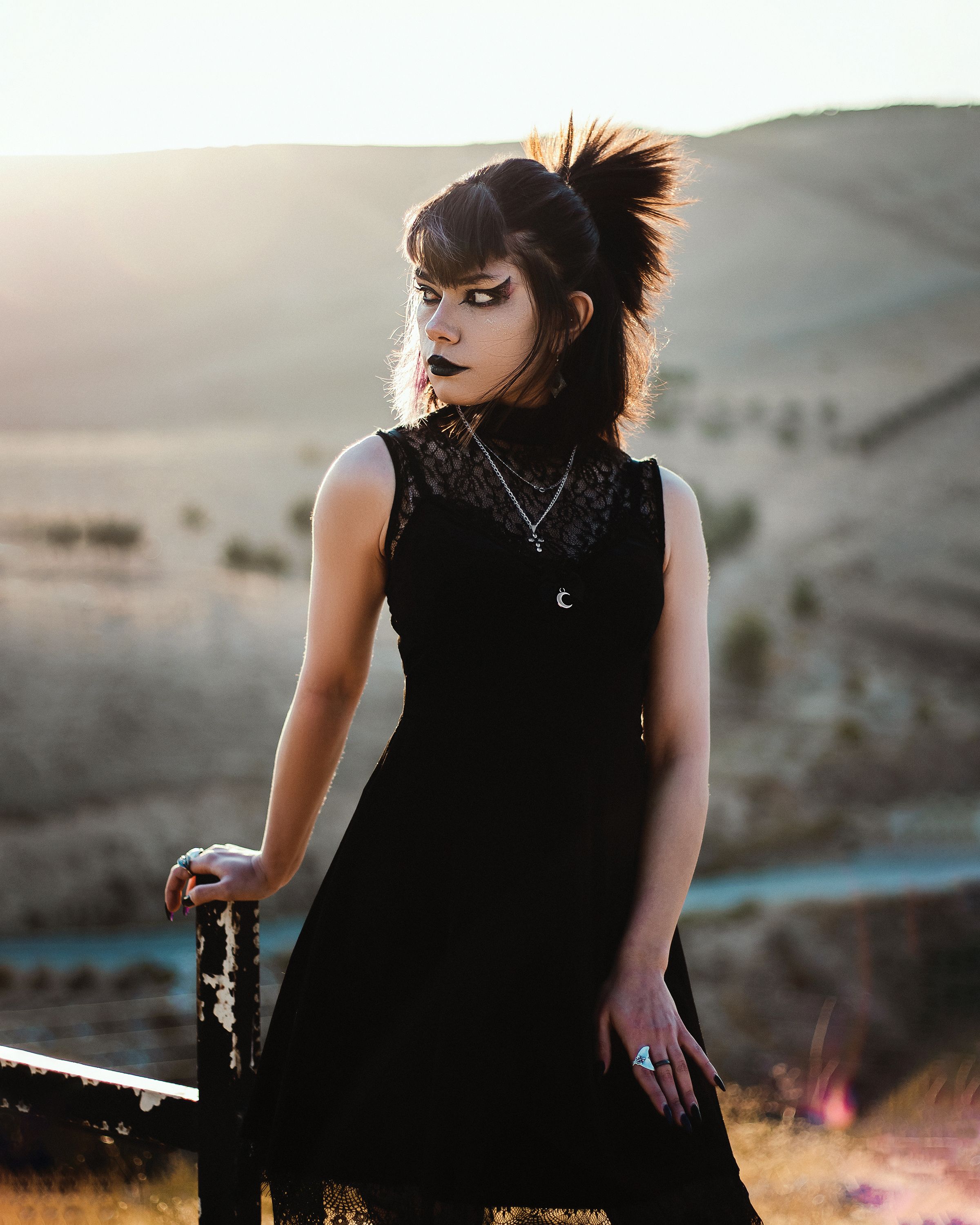 Young Woman in a Black Dress and Black Lipstick Posing Outside  Free Stock  Photo