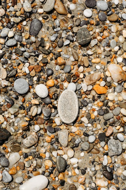 A small stone is sitting on the ground surrounded by pebbles
