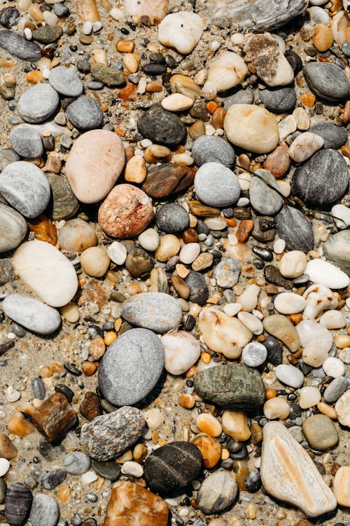 A close up of rocks and pebbles on the beach