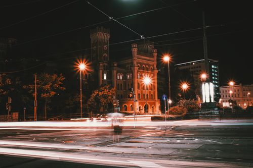 Free Illuminated Rossauer Barracks and tram tracks in Vienna, Austria at night. Stock Photo