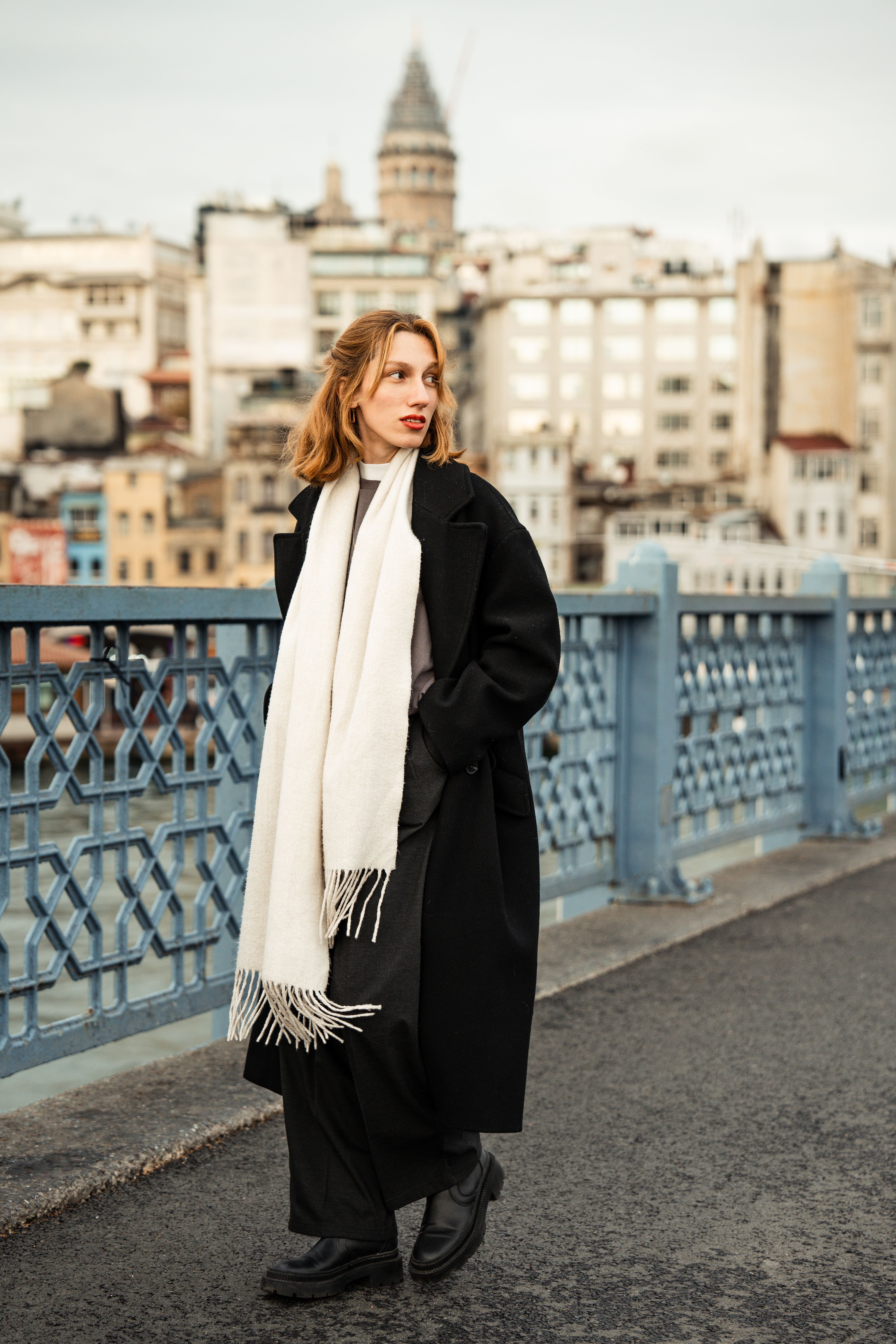 Beautiful Woman in Black Coat Standing on Bridge · Free Stock Photo