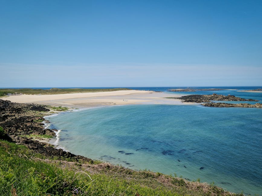 Beautiful aerial view of a pristine sandy beach and turquoise sea under a clear blue sky.