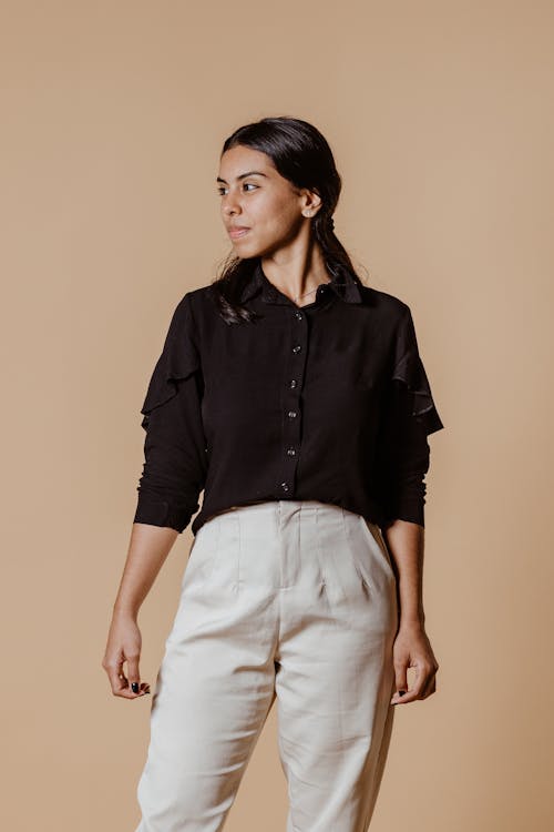 Studio Shot of a Woman in a Trendy Casual Outfit 
