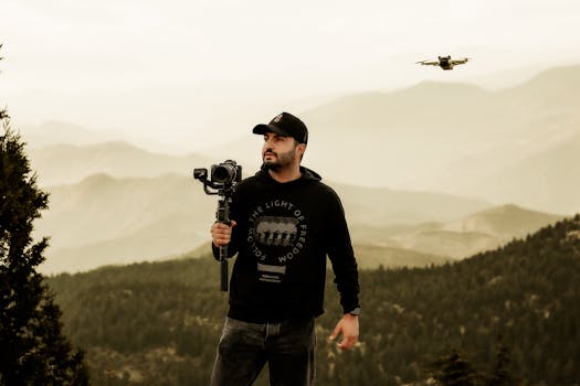 A man in a black hoodie photographing in misty mountains with a drone hovering.