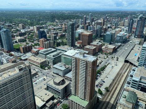 Stunning aerial view of Calgary's vibrant downtown skyline, showcasing modern skyscrapers and urban architecture.