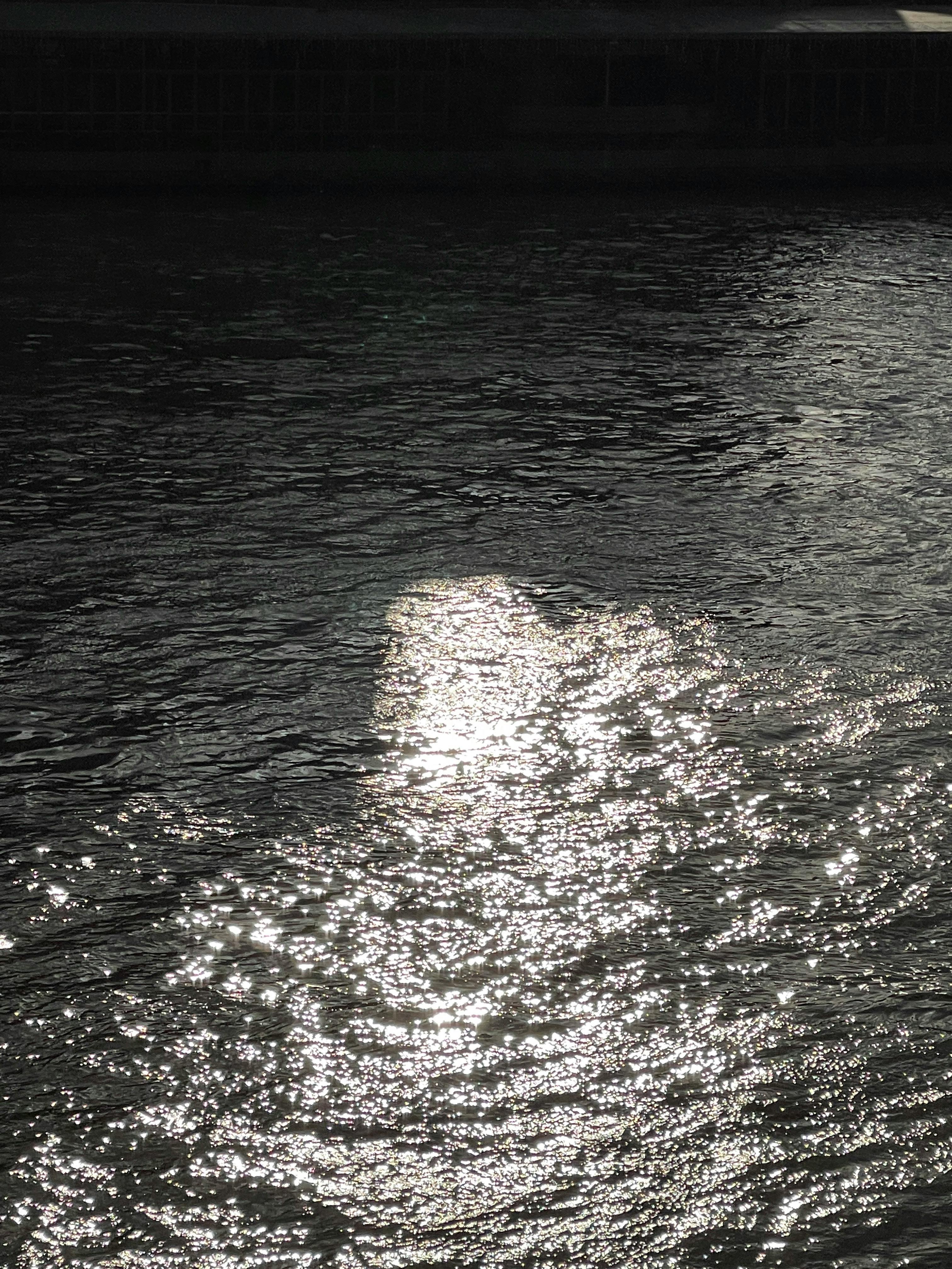 Glimmering sunlight creates a stunning pattern on calm water, evoking tranquility.