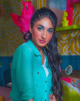 Vibrant portrait of a woman in a Baghdad cafe, showcasing bold colors and unique decor.