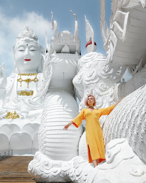 Woman in Yellow Dress Posing in Wat Huay Pla Kang