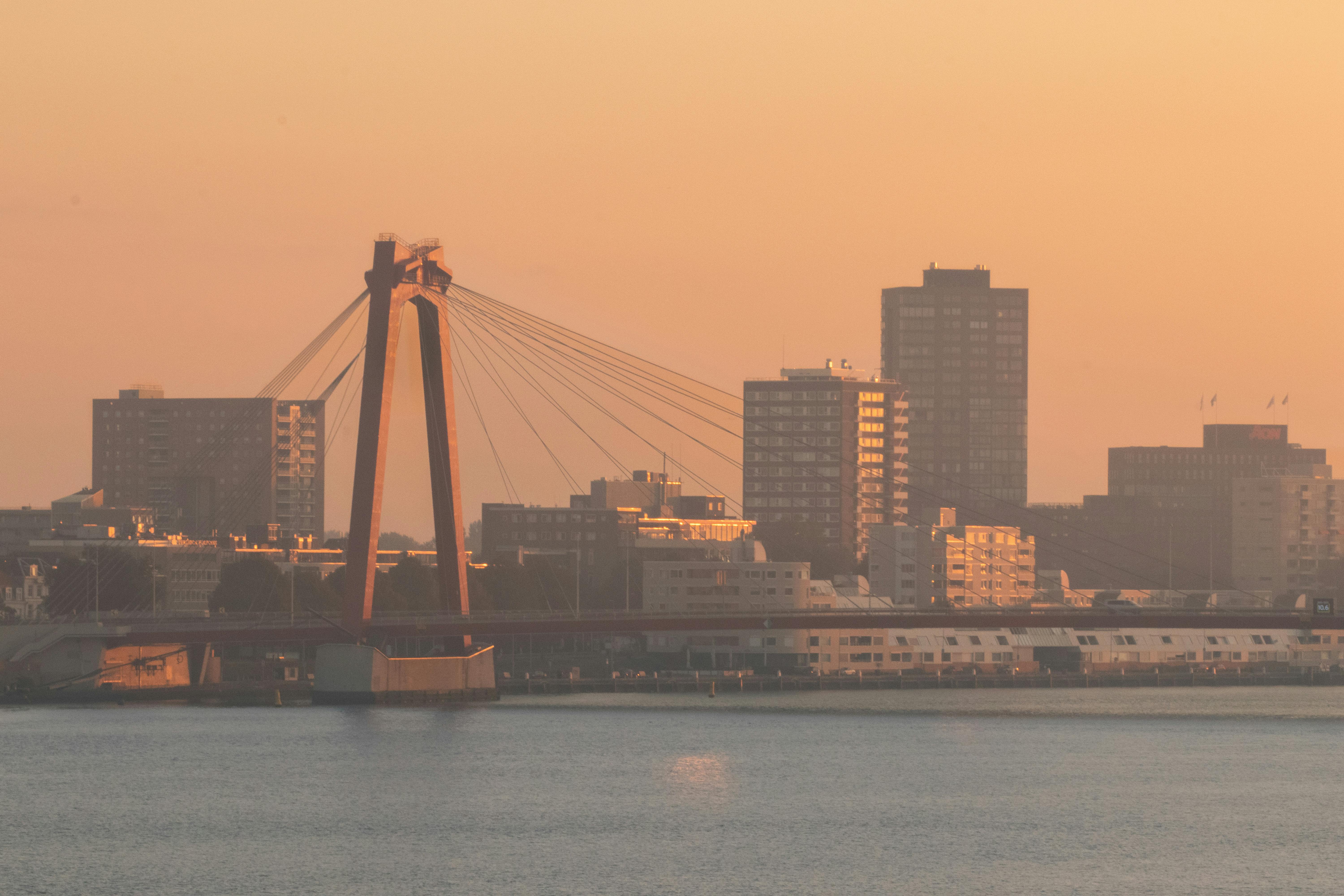 Urban cityscape featuring a striking bridge at sunset, offering a warm and serene atmosphere.