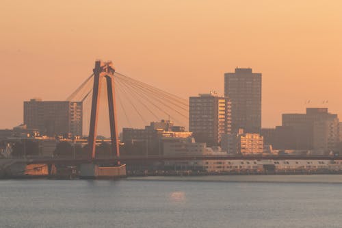 City with Bridge on River at Sunset