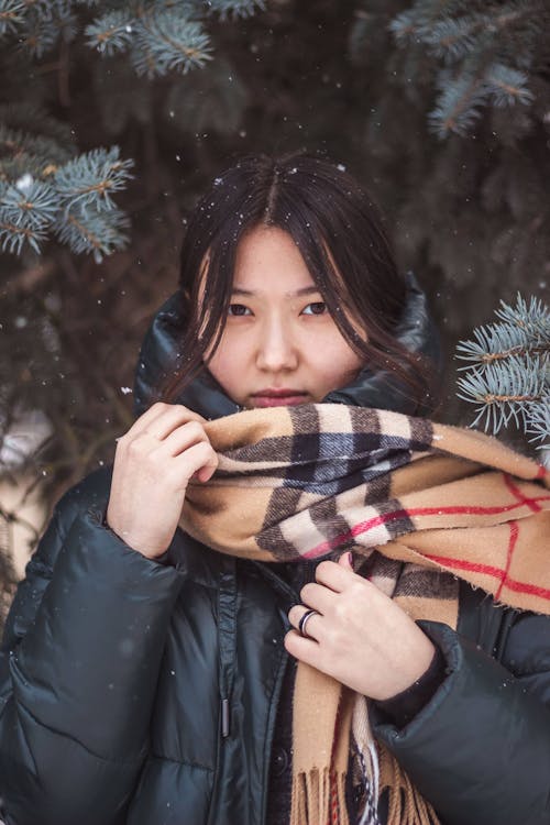 Portrait of a Pretty Brunette Wearing a Winter Jacket and a Scarf