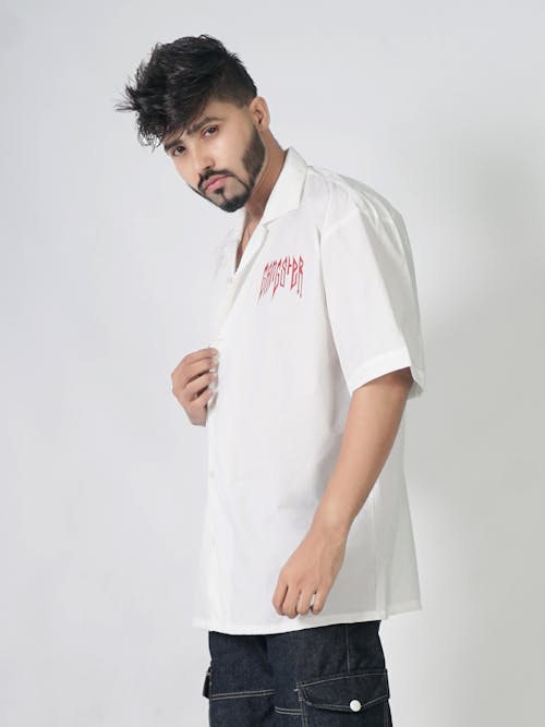 Model in a Printed White Shirt with Short Sleeves
