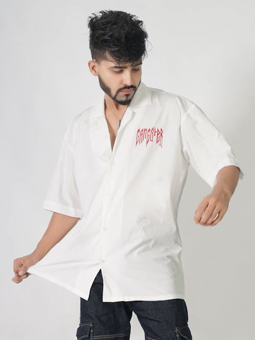 Model in a White Shirt with Short Sleeves and a Gangster Print