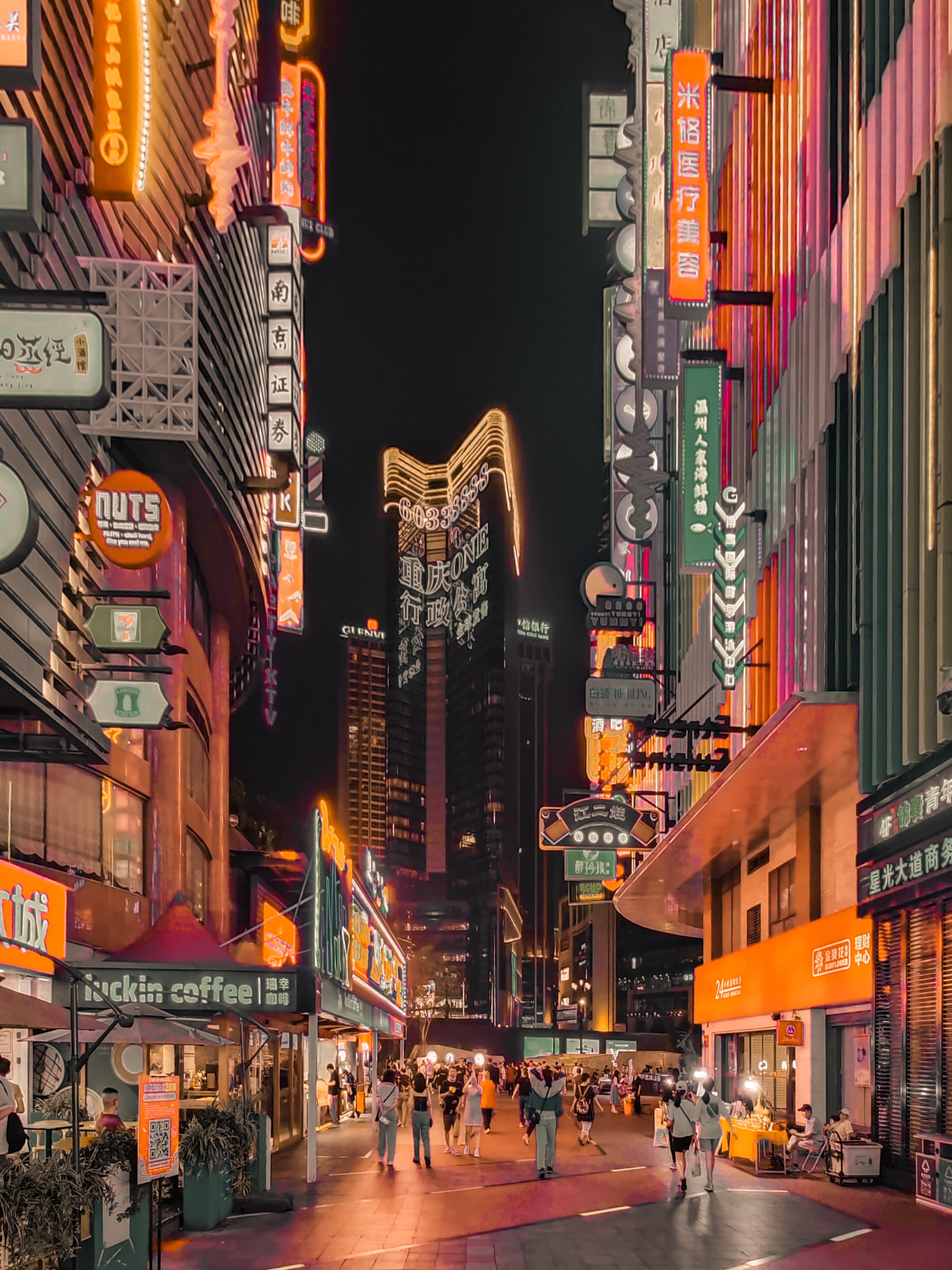 Downtown restaurant exterior at night