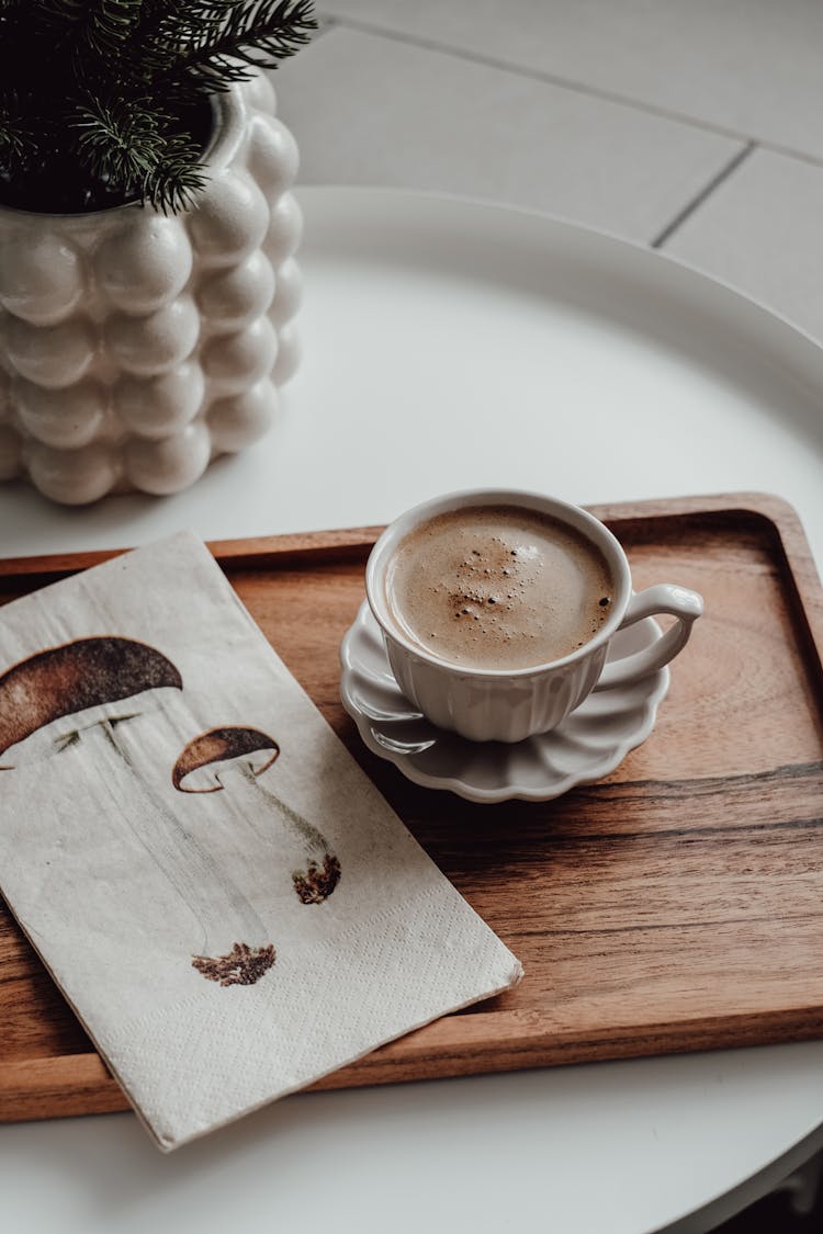 Coffee And Drawing Of Mushrooms On Tray