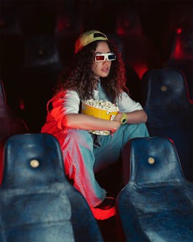 A stylish woman with 3D glasses enjoying popcorn at the cinema. Nighttime movie entertainment scene.