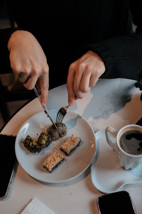 Free Breakfast Table, Person Cutting Food Stock Photo