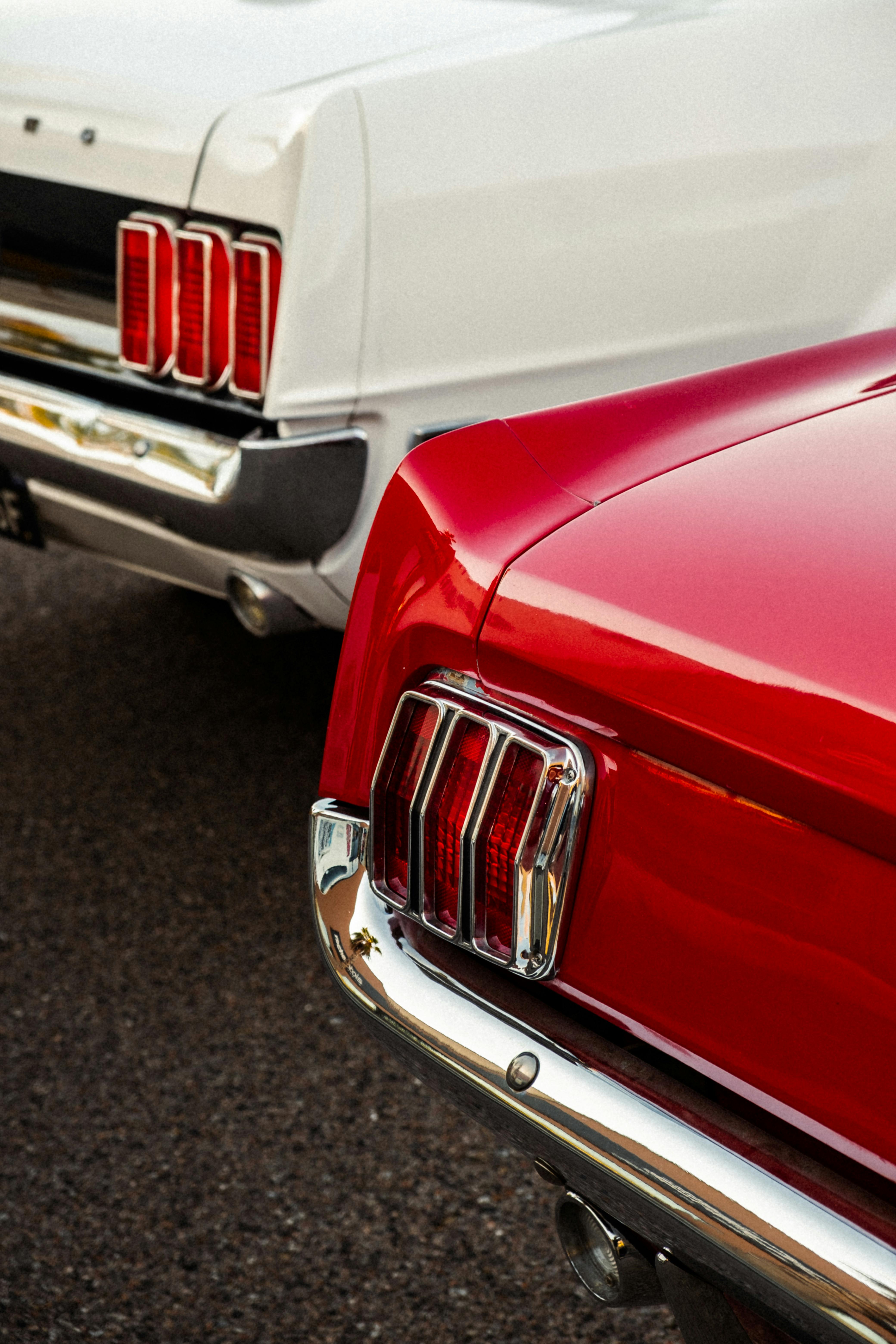 Retro red and white muscle cars highlighting their iconic taillights.