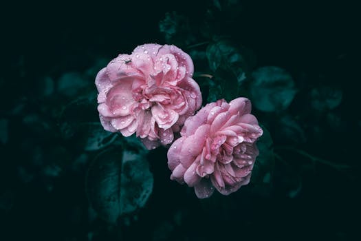 Close-up of pink roses with water droplets on petals, set against a dark, moody background.