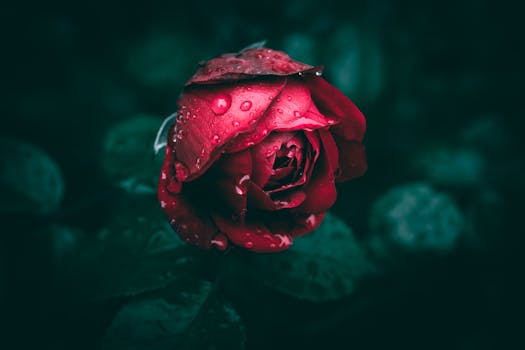 A stunning close-up of a red rose with raindrops on petals, set against a dark background.