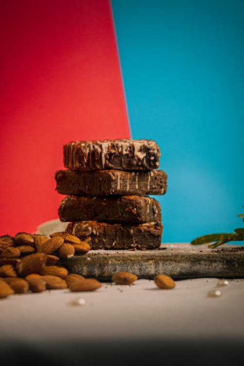 Free Stack of Chocolate Brownies with Almonds Stock Photo