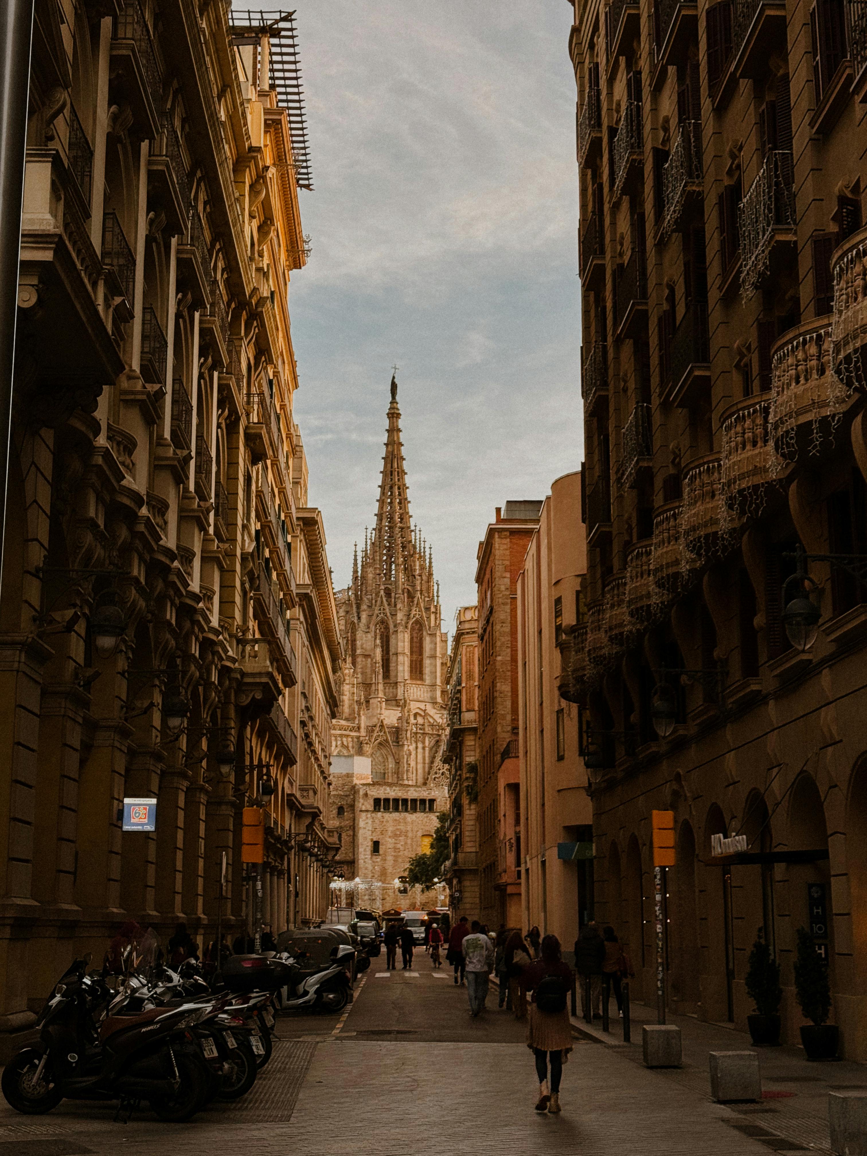 gothic barcelona cathedral seen from narrow street