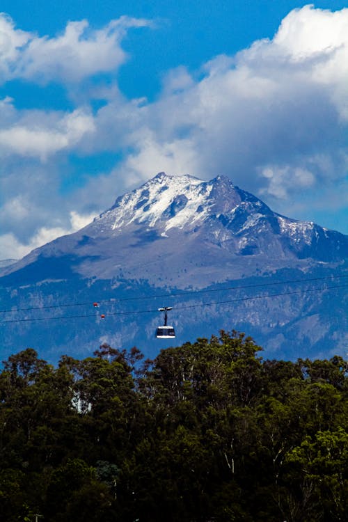 View of a Cable Car on the Background of a Snowcapped Mountain 